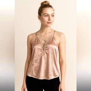Y2k lace up fairy cami satin pink spring classic boho top floral embroidery S